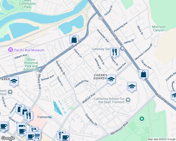 map of restaurants, bars, coffee shops, grocery stores, and more near 38762 Stillwater Common in Fremont