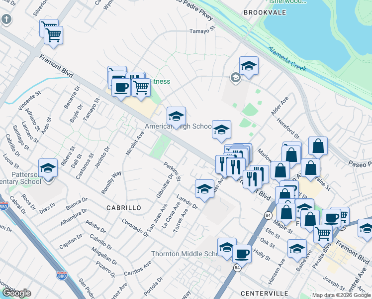 map of restaurants, bars, coffee shops, grocery stores, and more near Old Canyon Road in Fremont