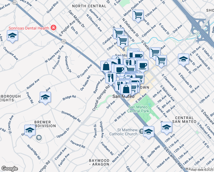 map of restaurants, bars, coffee shops, grocery stores, and more near 10 Crystal Springs Road in San Mateo