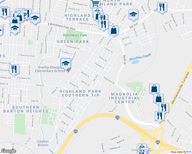 map of restaurants, bars, coffee shops, grocery stores, and more near 2504 4th Avenue in Richmond