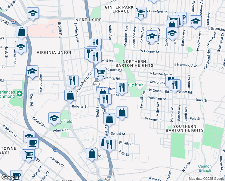 map of restaurants, bars, coffee shops, grocery stores, and more near 625 West Graham Road in Richmond