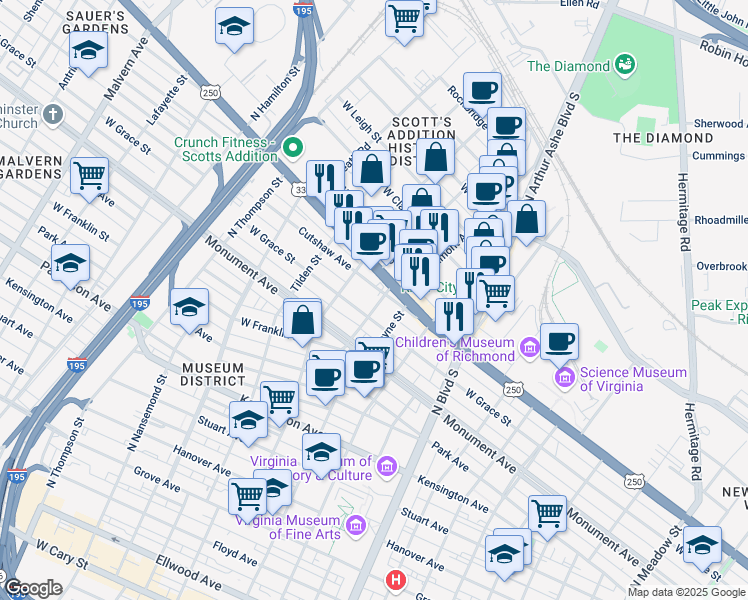 map of restaurants, bars, coffee shops, grocery stores, and more near in Richmond