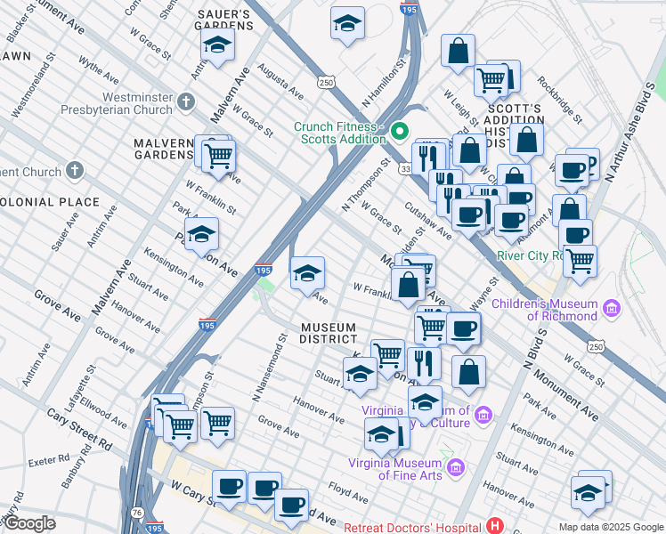map of restaurants, bars, coffee shops, grocery stores, and more near 3412 West Franklin Street in Richmond