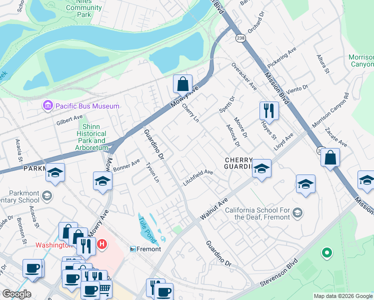 map of restaurants, bars, coffee shops, grocery stores, and more near 791 Ridgeview Terrace in Fremont