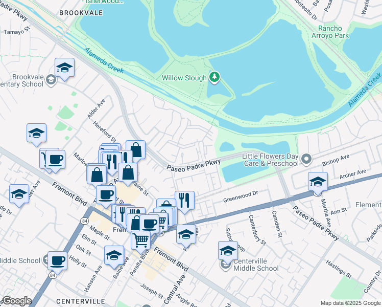 map of restaurants, bars, coffee shops, grocery stores, and more near in Fremont