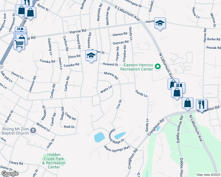 map of restaurants, bars, coffee shops, grocery stores, and more near 3018 Peabody Lane in Richmond