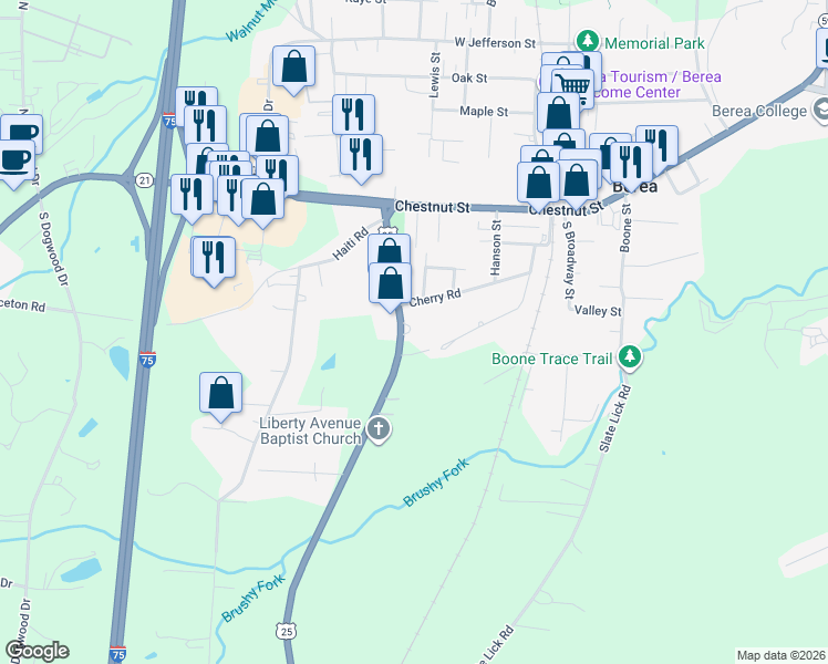 map of restaurants, bars, coffee shops, grocery stores, and more near 205 Mount Vernon Road in Berea
