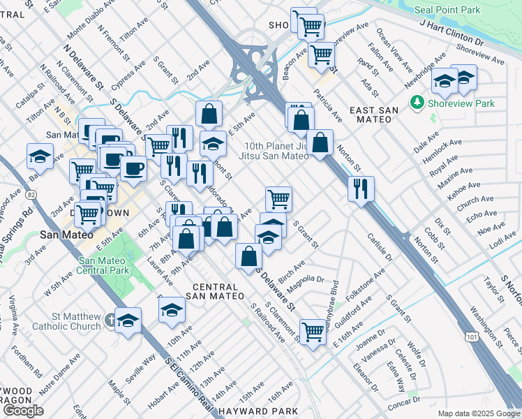 map of restaurants, bars, coffee shops, grocery stores, and more near 903 South Fremont Street in San Mateo