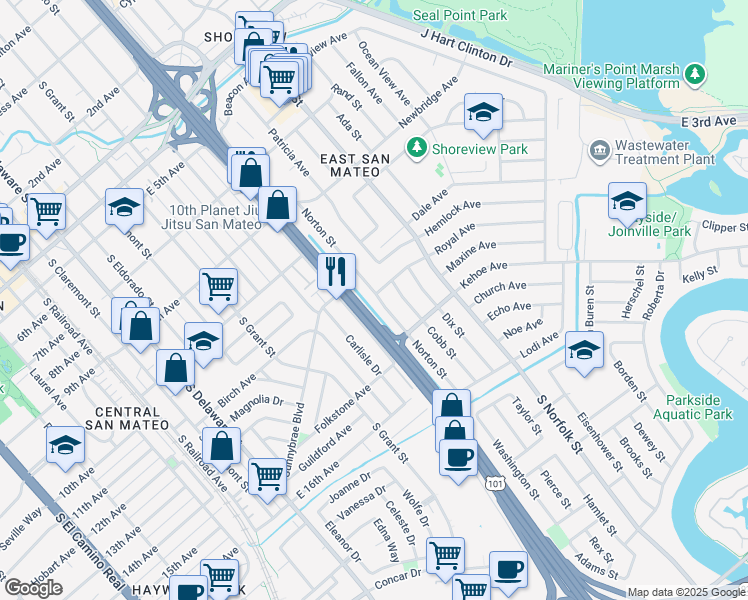 map of restaurants, bars, coffee shops, grocery stores, and more near 1100 Norton Street in San Mateo