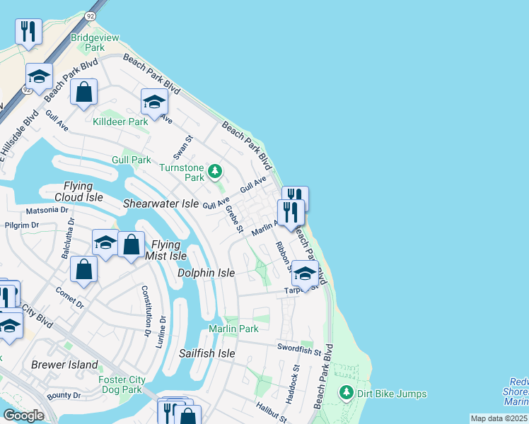 map of restaurants, bars, coffee shops, grocery stores, and more near 1463 Marlin Avenue in Foster City