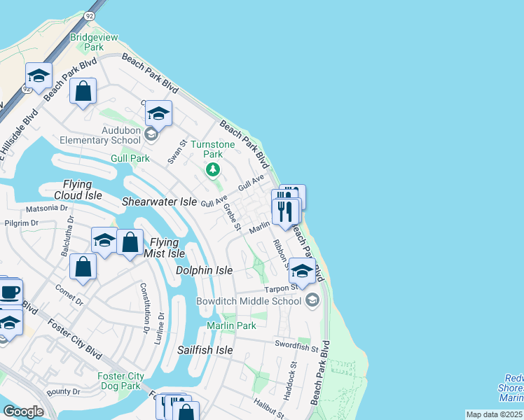 map of restaurants, bars, coffee shops, grocery stores, and more near 1463 Marlin Avenue in Foster City