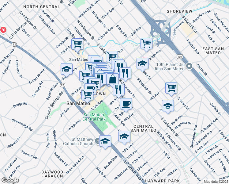 map of restaurants, bars, coffee shops, grocery stores, and more near 306 East 5th Avenue in San Mateo