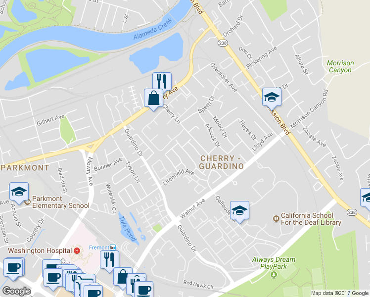 map of restaurants, bars, coffee shops, grocery stores, and more near 678 Saddleback Terrace in Fremont