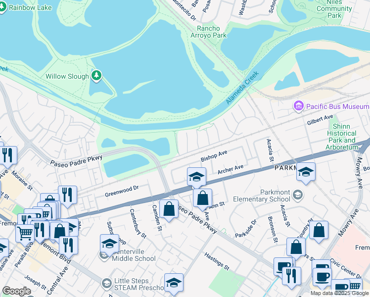 map of restaurants, bars, coffee shops, grocery stores, and more near 37819 Jasmine Court in Fremont