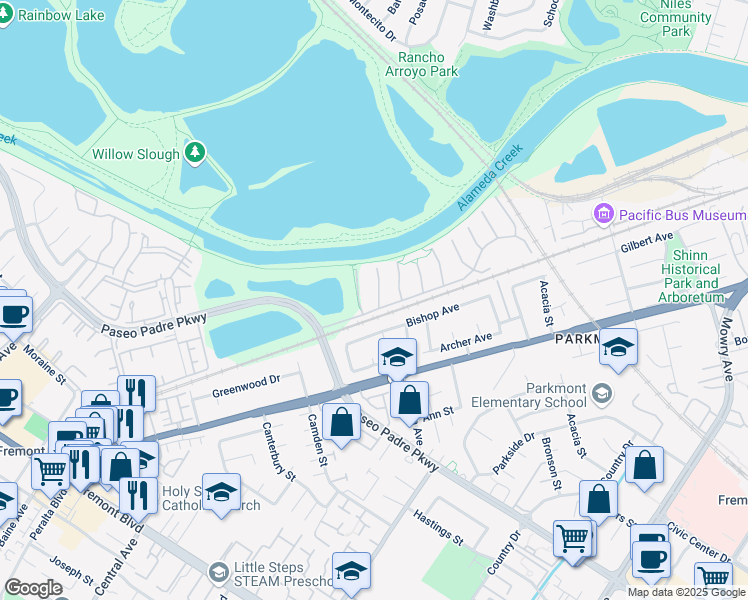 map of restaurants, bars, coffee shops, grocery stores, and more near 37814 Jasmine Court in Fremont