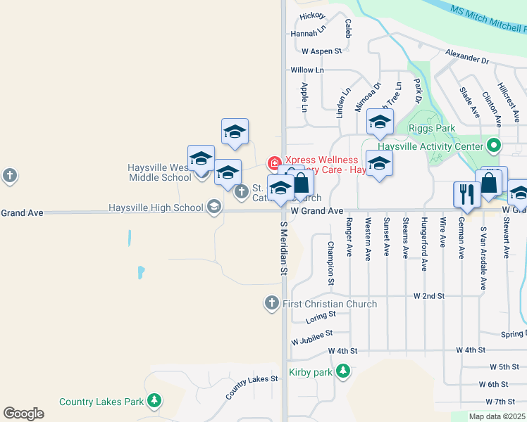 map of restaurants, bars, coffee shops, grocery stores, and more near 1731 West Grand Avenue in Haysville