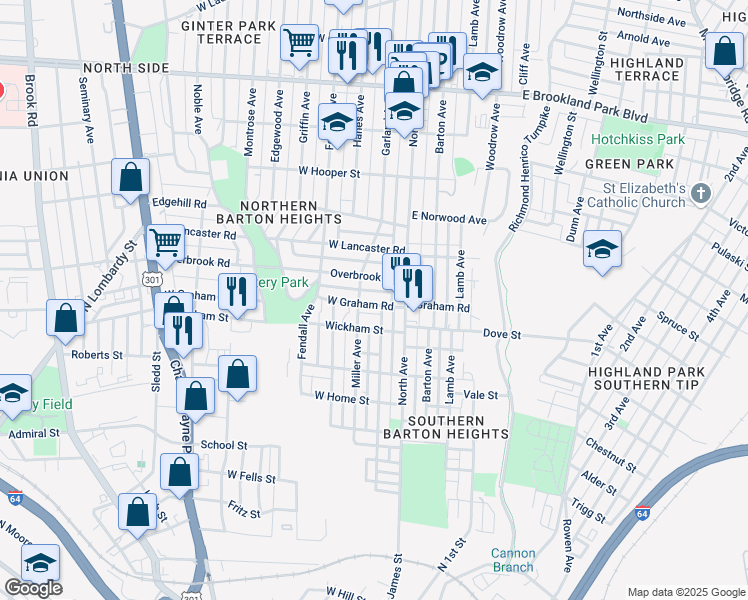 map of restaurants, bars, coffee shops, grocery stores, and more near 102 West Graham Road in Richmond