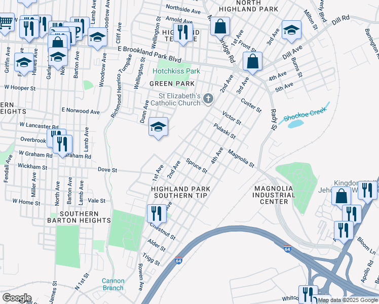 map of restaurants, bars, coffee shops, grocery stores, and more near 2408 2nd Avenue in Richmond