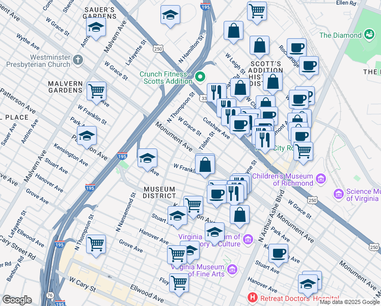 map of restaurants, bars, coffee shops, grocery stores, and more near 3305 Monument Avenue in Richmond