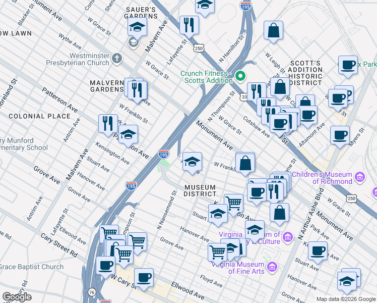 map of restaurants, bars, coffee shops, grocery stores, and more near 3431 West Franklin Street in Richmond