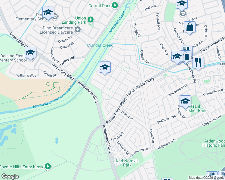 map of restaurants, bars, coffee shops, grocery stores, and more near 5350 Cowboy Court in Fremont