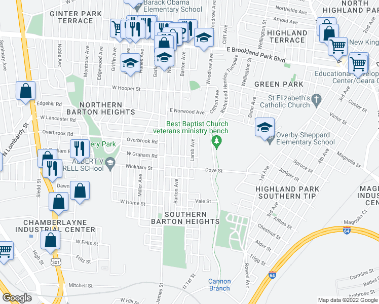map of restaurants, bars, coffee shops, grocery stores, and more near 2402 Lamb Avenue in Richmond