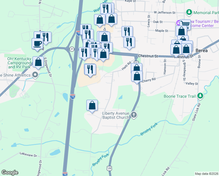 map of restaurants, bars, coffee shops, grocery stores, and more near 130 East Haiti Road in Berea