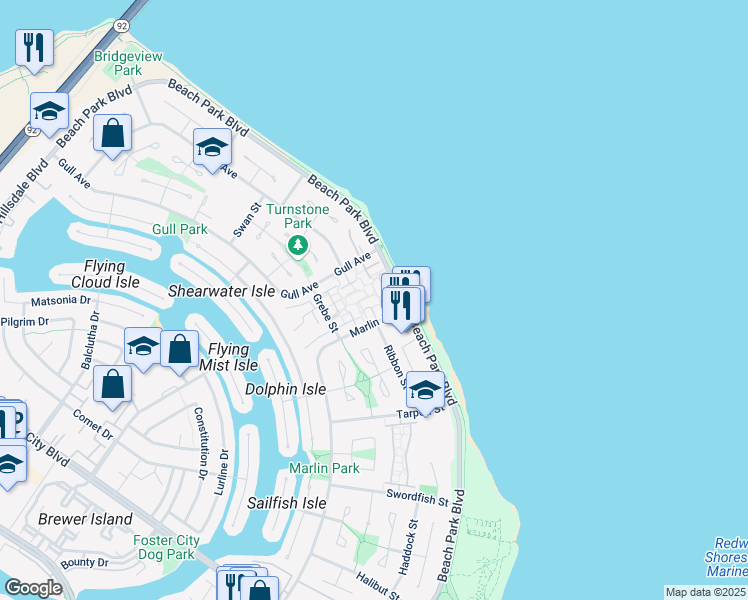 map of restaurants, bars, coffee shops, grocery stores, and more near 1471 Marlin Avenue in Foster City