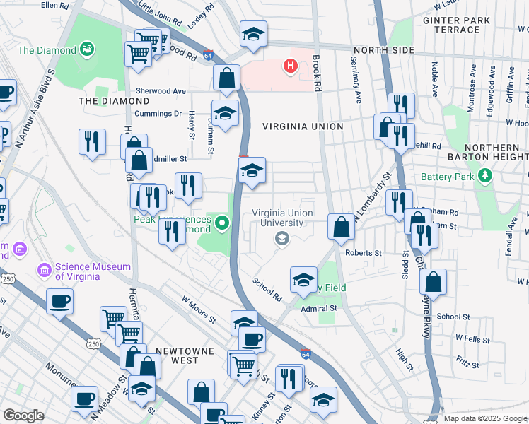 map of restaurants, bars, coffee shops, grocery stores, and more near 1314 West Graham Road in Richmond