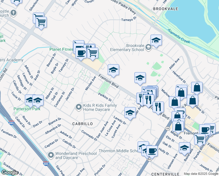 map of restaurants, bars, coffee shops, grocery stores, and more near 36131 Fremont Boulevard in Fremont
