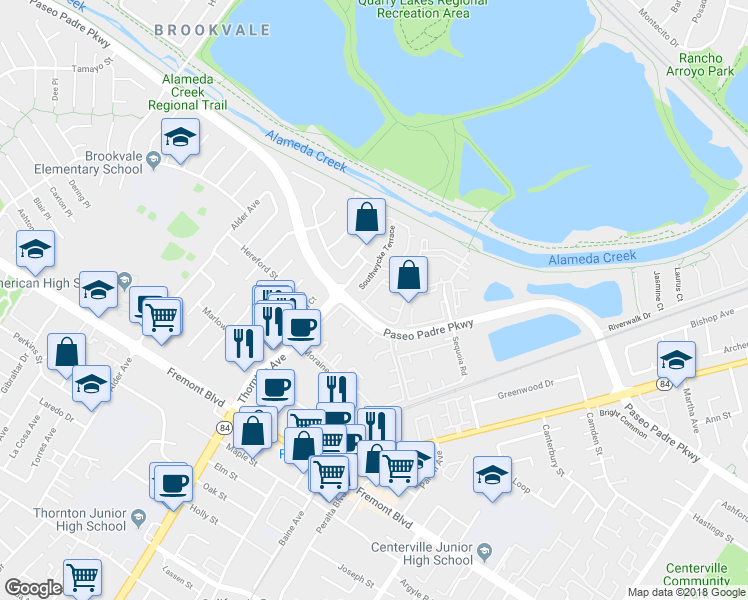map of restaurants, bars, coffee shops, grocery stores, and more near 3238 Belden Terrace in Fremont