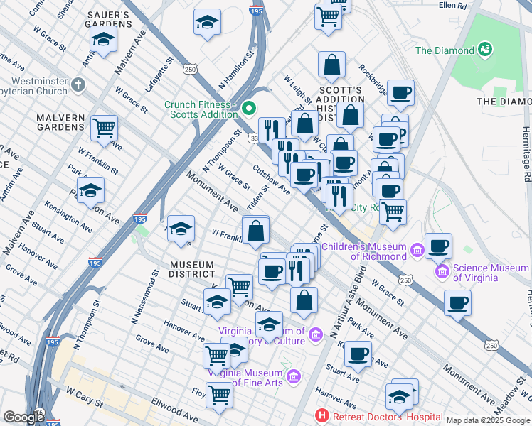 map of restaurants, bars, coffee shops, grocery stores, and more near 3215 Monument Avenue West in Richmond