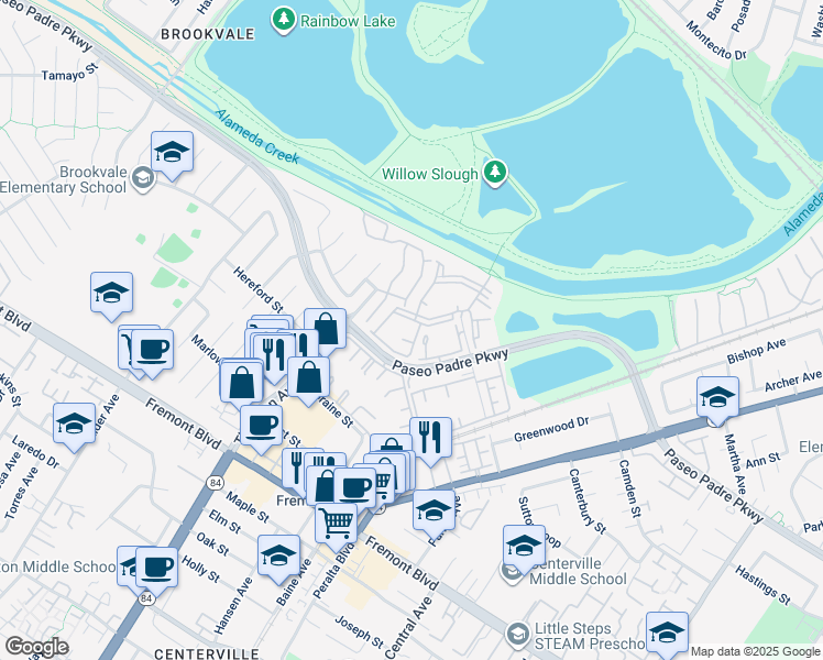 map of restaurants, bars, coffee shops, grocery stores, and more near in Fremont