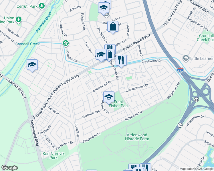 map of restaurants, bars, coffee shops, grocery stores, and more near 5061 Xavier Common in Fremont