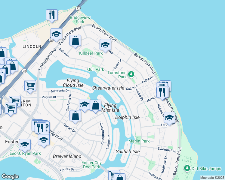 map of restaurants, bars, coffee shops, grocery stores, and more near 240 Shearwater Isle in Foster City