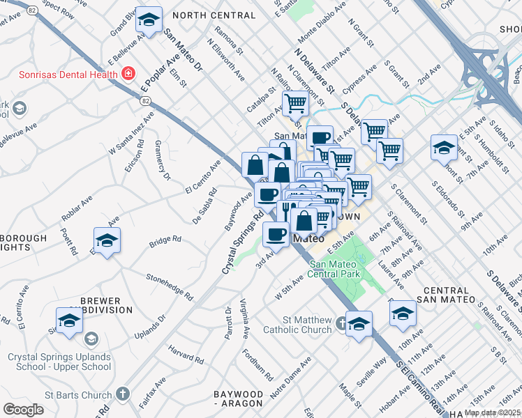 map of restaurants, bars, coffee shops, grocery stores, and more near 10 Crystal Springs Road in San Mateo