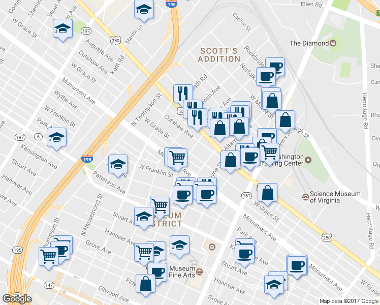 map of restaurants, bars, coffee shops, grocery stores, and more near 3198 West Grace Street in Richmond