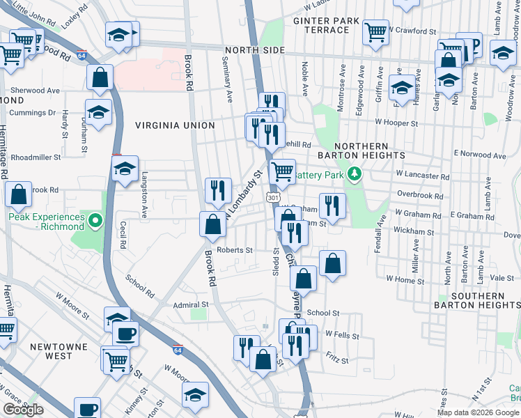 map of restaurants, bars, coffee shops, grocery stores, and more near 1009 West Graham Road in Richmond