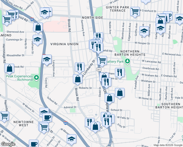 map of restaurants, bars, coffee shops, grocery stores, and more near 1009 West Graham Road in Richmond