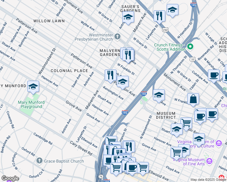 map of restaurants, bars, coffee shops, grocery stores, and more near 3910 Kensington Avenue in Richmond