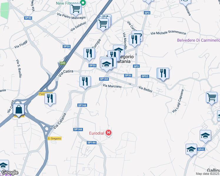 map of restaurants, bars, coffee shops, grocery stores, and more near 6 Vico Consoli in San Gregorio di Catania