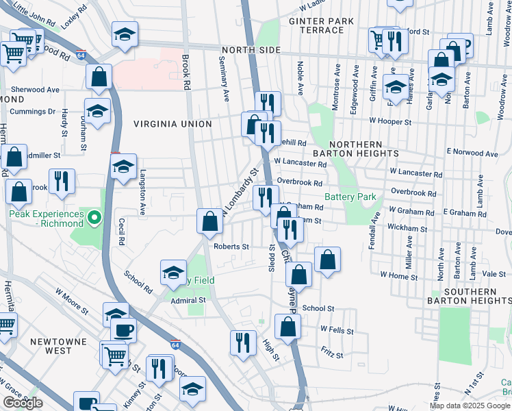 map of restaurants, bars, coffee shops, grocery stores, and more near 1009 West Graham Road in Richmond