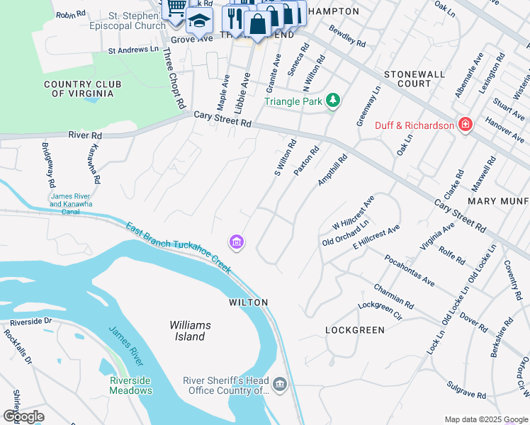 map of restaurants, bars, coffee shops, grocery stores, and more near 5301 Kenmore Road in Richmond
