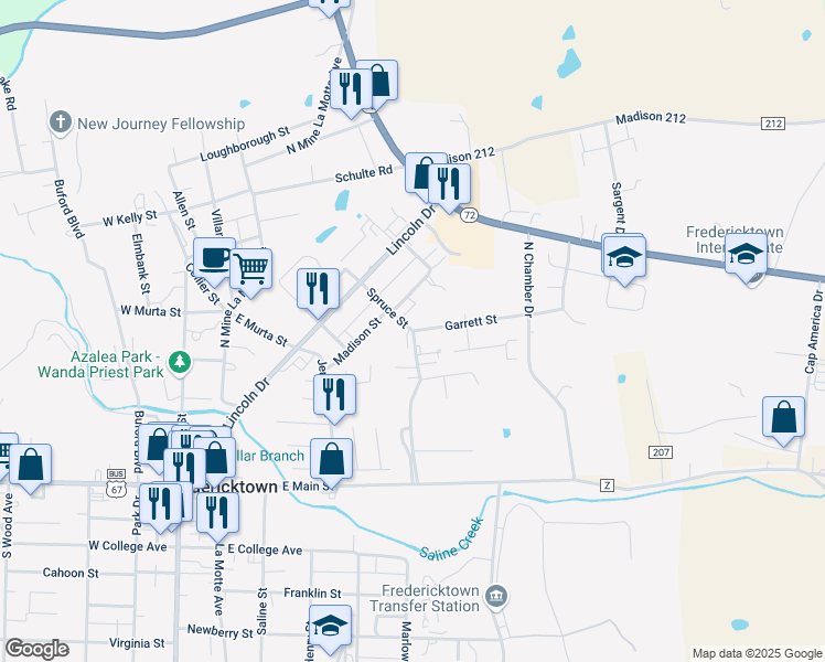 map of restaurants, bars, coffee shops, grocery stores, and more near 200 Spruce Street in Fredericktown