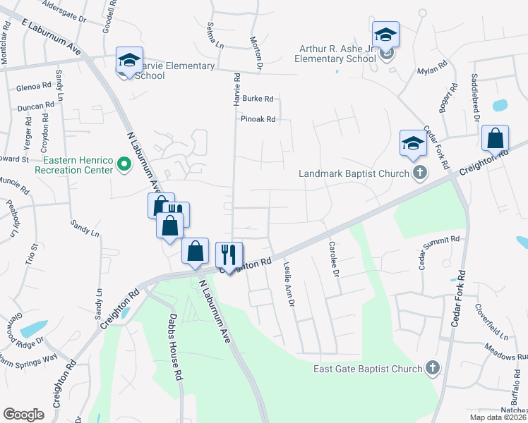 map of restaurants, bars, coffee shops, grocery stores, and more near 4001 Harvest Crest Dr in Richmond