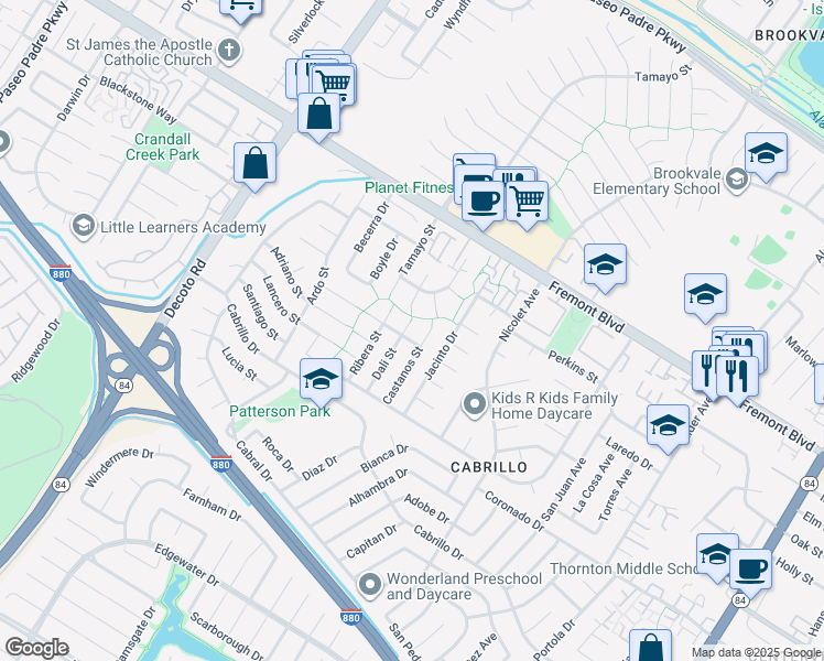 map of restaurants, bars, coffee shops, grocery stores, and more near 4256 Dali Street in Fremont