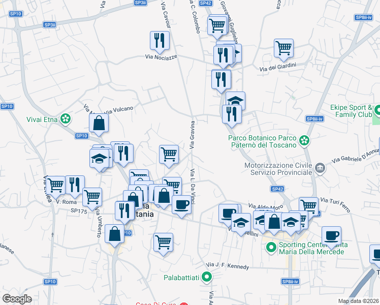 map of restaurants, bars, coffee shops, grocery stores, and more near 10 Via Giovanni Gentile in Tremestieri Etneo