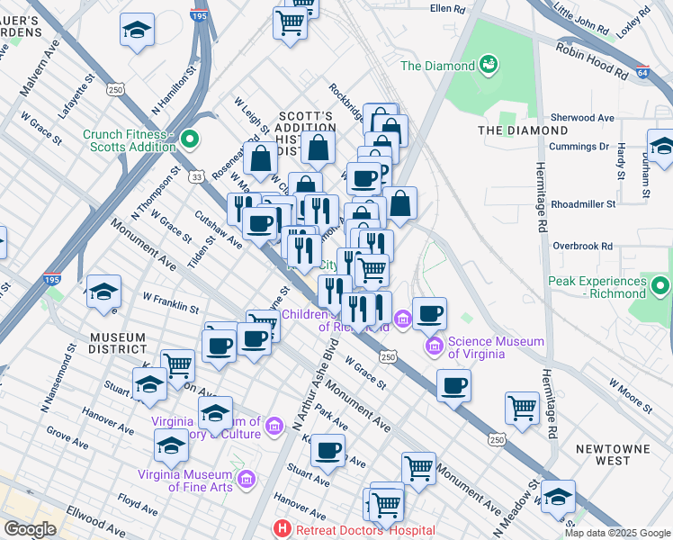 map of restaurants, bars, coffee shops, grocery stores, and more near 1106 North Sheppard Street in Richmond