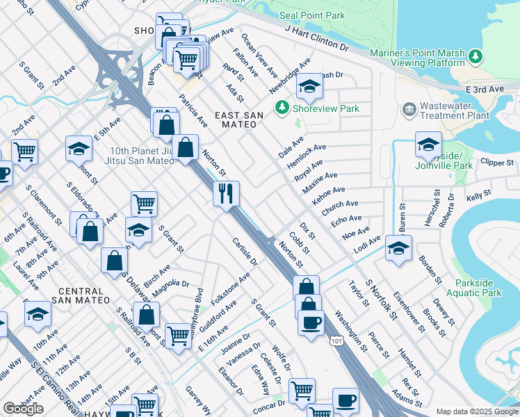 map of restaurants, bars, coffee shops, grocery stores, and more near 1308 Royal Avenue in San Mateo