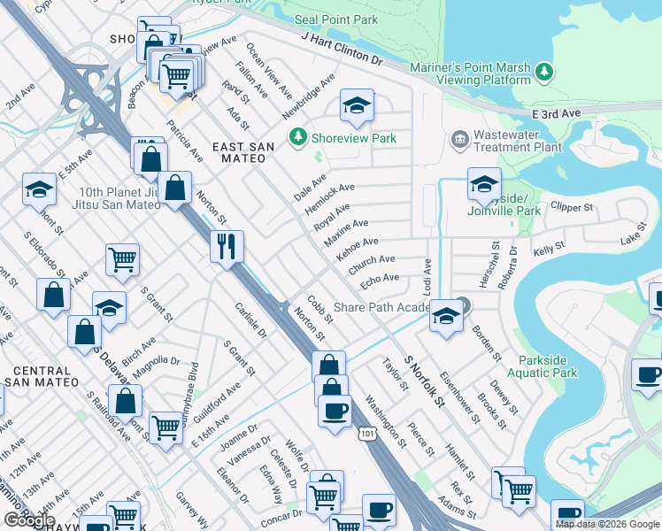 map of restaurants, bars, coffee shops, grocery stores, and more near S Norfolk St & Kehoe Ave in San Mateo